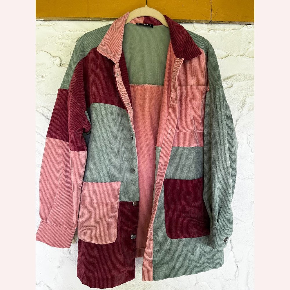 SHEIN Color block Cut & Sew Pocket Front Corduroy Coat - S